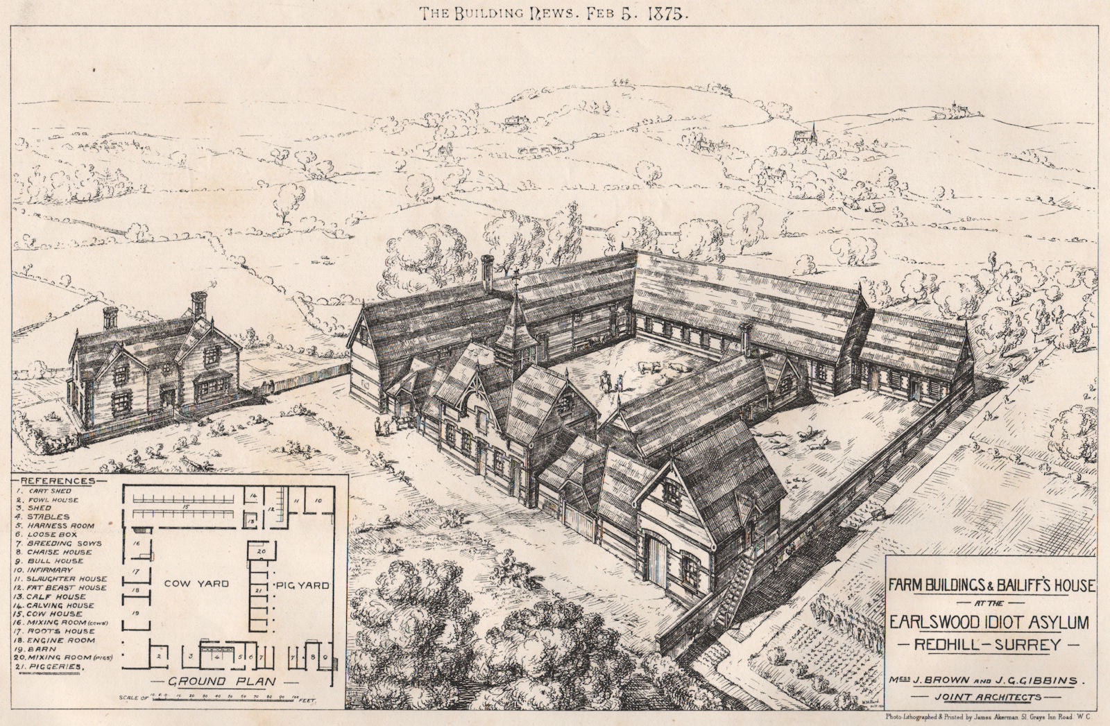 Farm buildings & Bailiff's house, Earlswood Idiot Asylum, Redhill, Surrey 1875